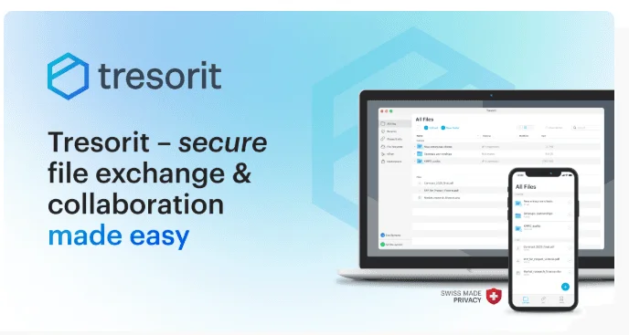 Bannière Tresorit « secure file exchange & collaboration made easy » avec ses applications sur ordinateur et téléphone