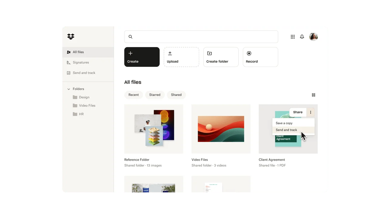 Vue All files de Dropbox avec les boutons Create et Upload et un menu Share proposant Send and track