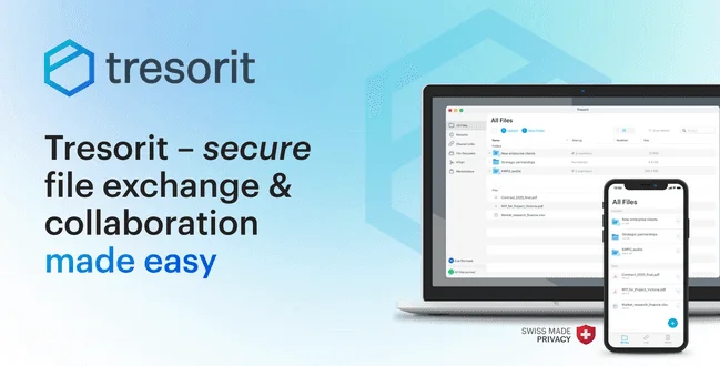 Tresorit banner “secure file exchange & collaboration made easy” with its apps on a laptop and a phone