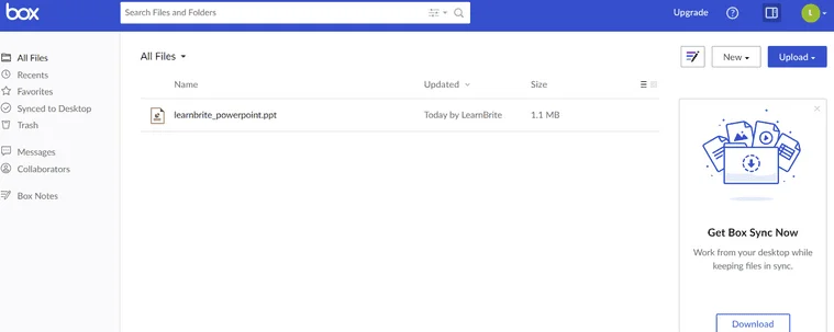 Box web app showing All Files with one PowerPoint file and a Get Box Sync Now panel