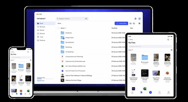 Internxt Drive on a laptop, a phone and a tablet showing folders and files