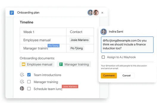 Google Docs onboarding plan with a timeline table, a checklist and a colleague's comment using an @mention