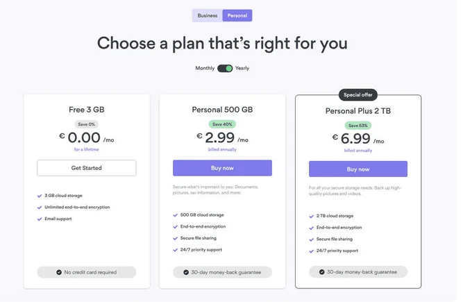 NordLocker plans: Free 3 GB at €0.00, Personal 500 GB at €2.99/mo, Personal Plus 2 TB at €6.99/mo