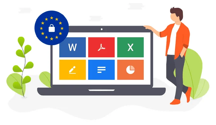 Person beside a laptop showing document icons, with an EU flag padlock badge
