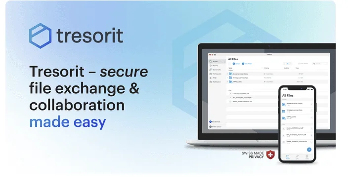 Bannière Tresorit « secure file exchange & collaboration made easy » avec son application sur ordinateur et téléphone