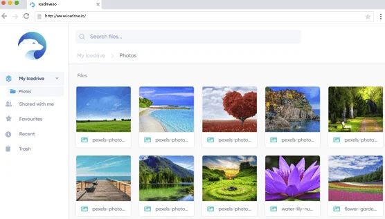Icedrive web app showing a Photos folder with landscape photo thumbnails