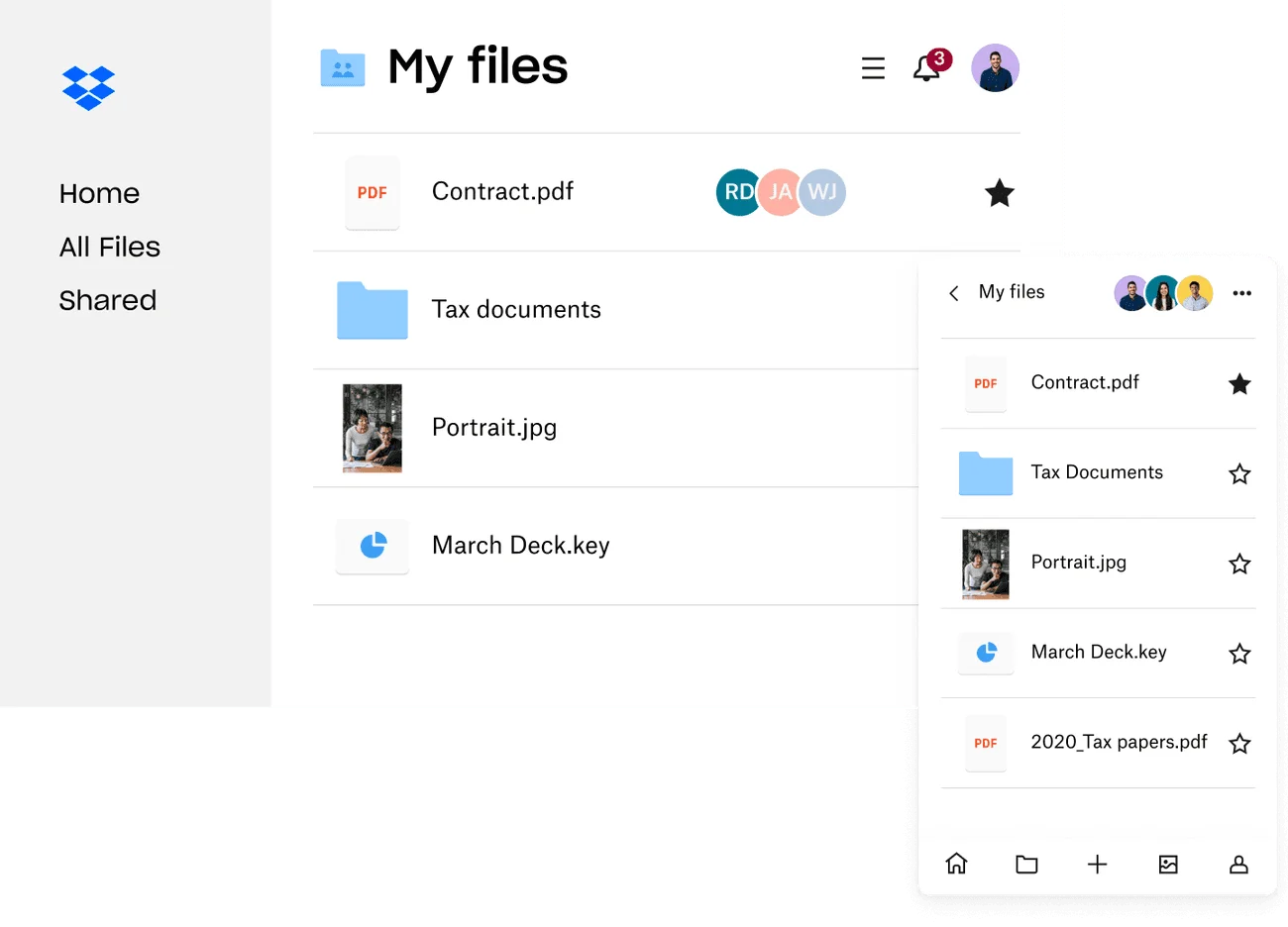 Liste My files de Dropbox sur ordinateur et sur mobile, avec un contrat partagé, des dossiers et une photo