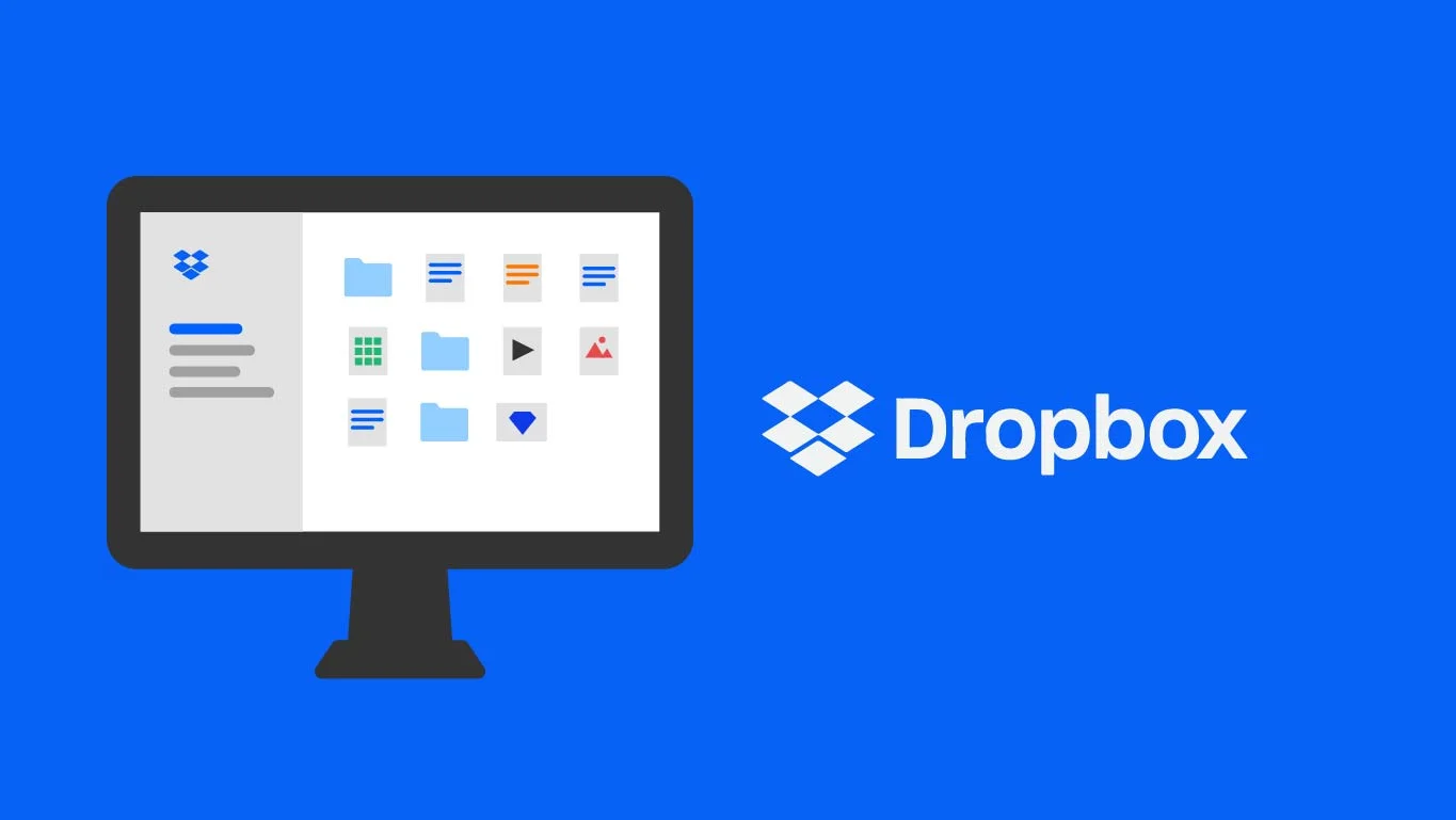 Dropbox logo next to a computer screen showing folders and files