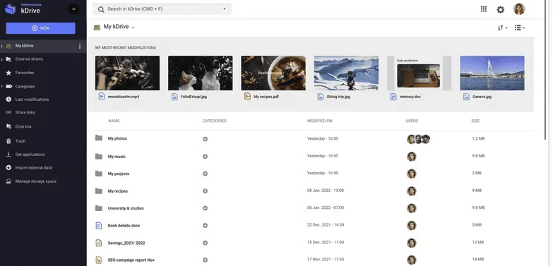 Application web kDrive avec My kDrive, vignettes des modifications récentes et liste de dossiers et fichiers