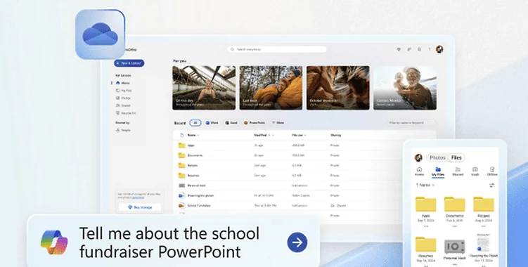 OneDrive sur un ordinateur et une tablette, avec une demande Copilot sur une présentation PowerPoint