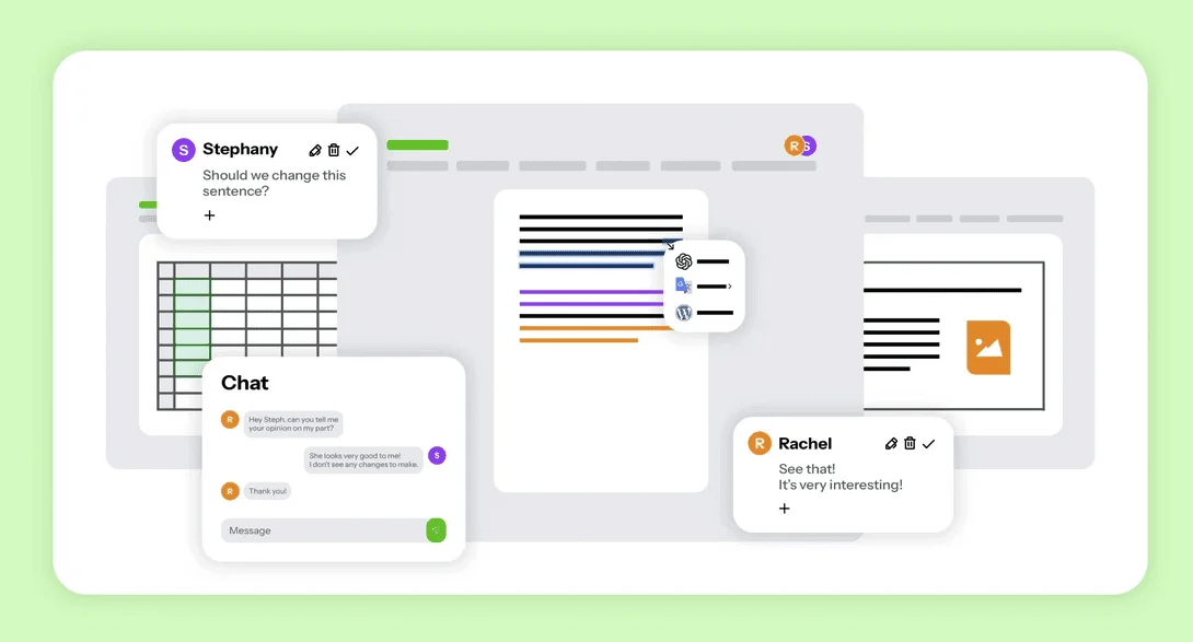 Drime collaborative editing: spreadsheet, document and slides with comments, team chat and ChatGPT, Translate, WordPress