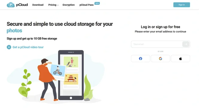 Page d'accueil de pCloud proposant jusqu'à 10 GB de stockage gratuit, avec un formulaire d'inscription