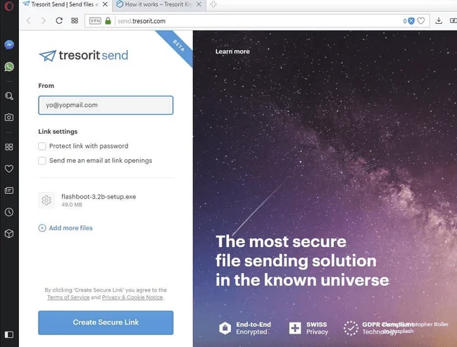 Page Tresorit Send avec champ expéditeur, options de lien (mot de passe, notification) et bouton Create Secure Link