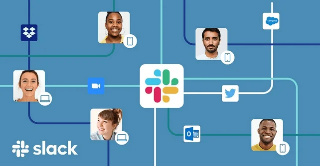 Slack logo connected to team members and apps such as Dropbox, Zoom, Salesforce, Twitter and Outlook