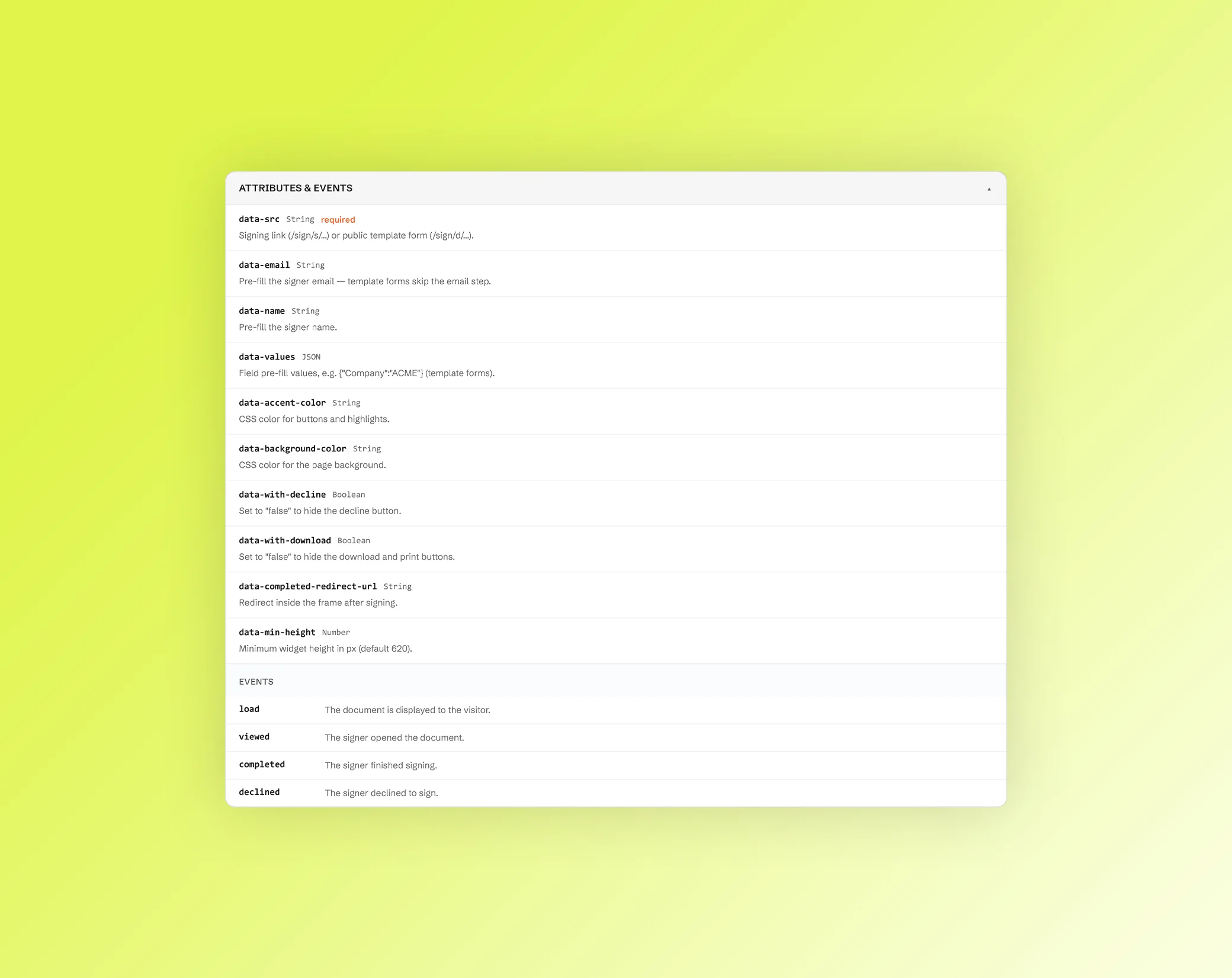 Referenz der Data-Attribute des Sign-Widgets, etwa data-src und data-accent-color, und seiner Ereignisse