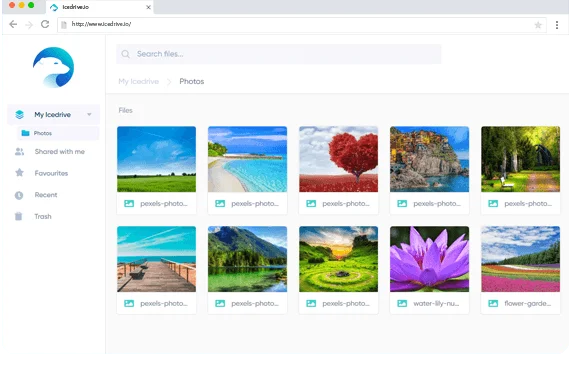 Icedrive web app showing a Photos folder with a grid of image files