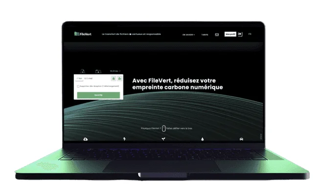 FileVert home page in French on a laptop, about reducing your digital carbon footprint, with a send form