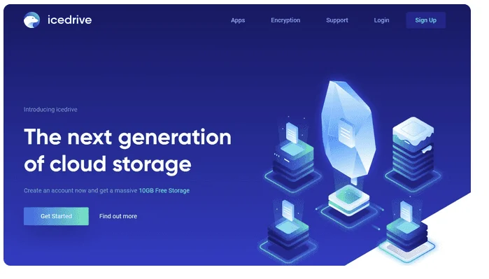Page d'accueil d'Icedrive : « The next generation of cloud storage », avec une offre de 10GB Free Storage