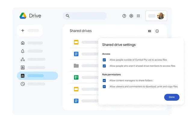 Google Drive : réglages d'un drive partagé, avec les options d'accès et les autorisations par rôle