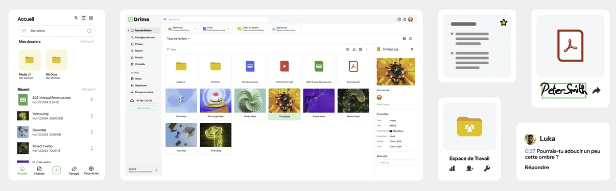 Drime sur mobile et web : accueil, gestionnaire de fichiers avec détails, espace de travail, PDF signé et commentaire