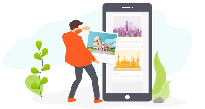 Man adding a photo to a gallery on a large phone