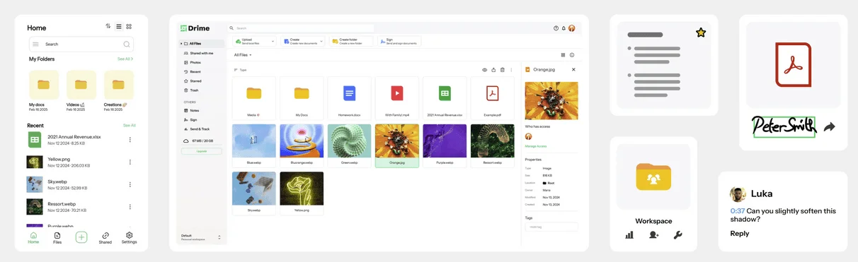 Drime on mobile and web with a file grid and details panel, plus cards for workspaces, PDF signing and comments