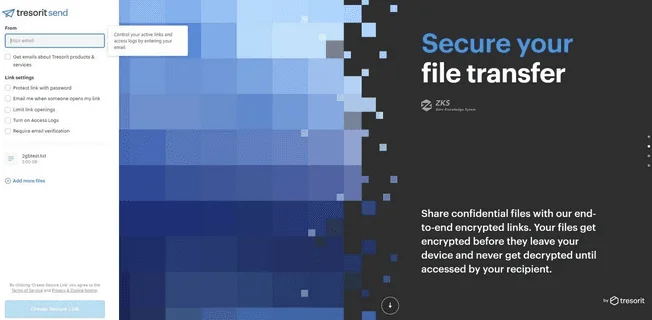 Page Tresorit Send « Secure your file transfer », avec le formulaire d'envoi et des options de lien comme le mot de passe