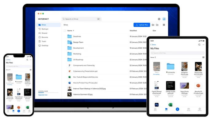 Internxt Drive sur un ordinateur portable, un téléphone et une tablette, avec des dossiers et des fichiers