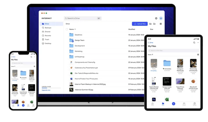 Internxt Drive affiché sur un ordinateur portable, un téléphone et une tablette avec dossiers et fichiers