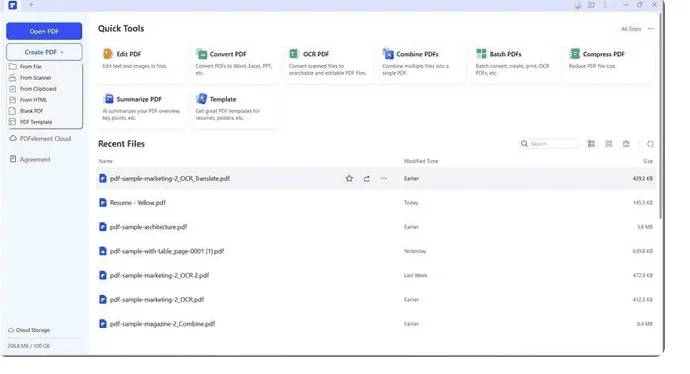 Écran d'accueil de PDFelement avec les outils rapides (Edit, Convert, OCR, Combine PDF) et les fichiers récents