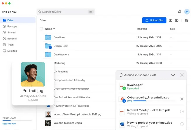 Internxt Drive with folders and files, and an upload panel showing files being uploaded