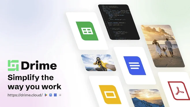 Bannière Drime « Simplify the way you work » avec des icônes de types de fichiers et des photos
