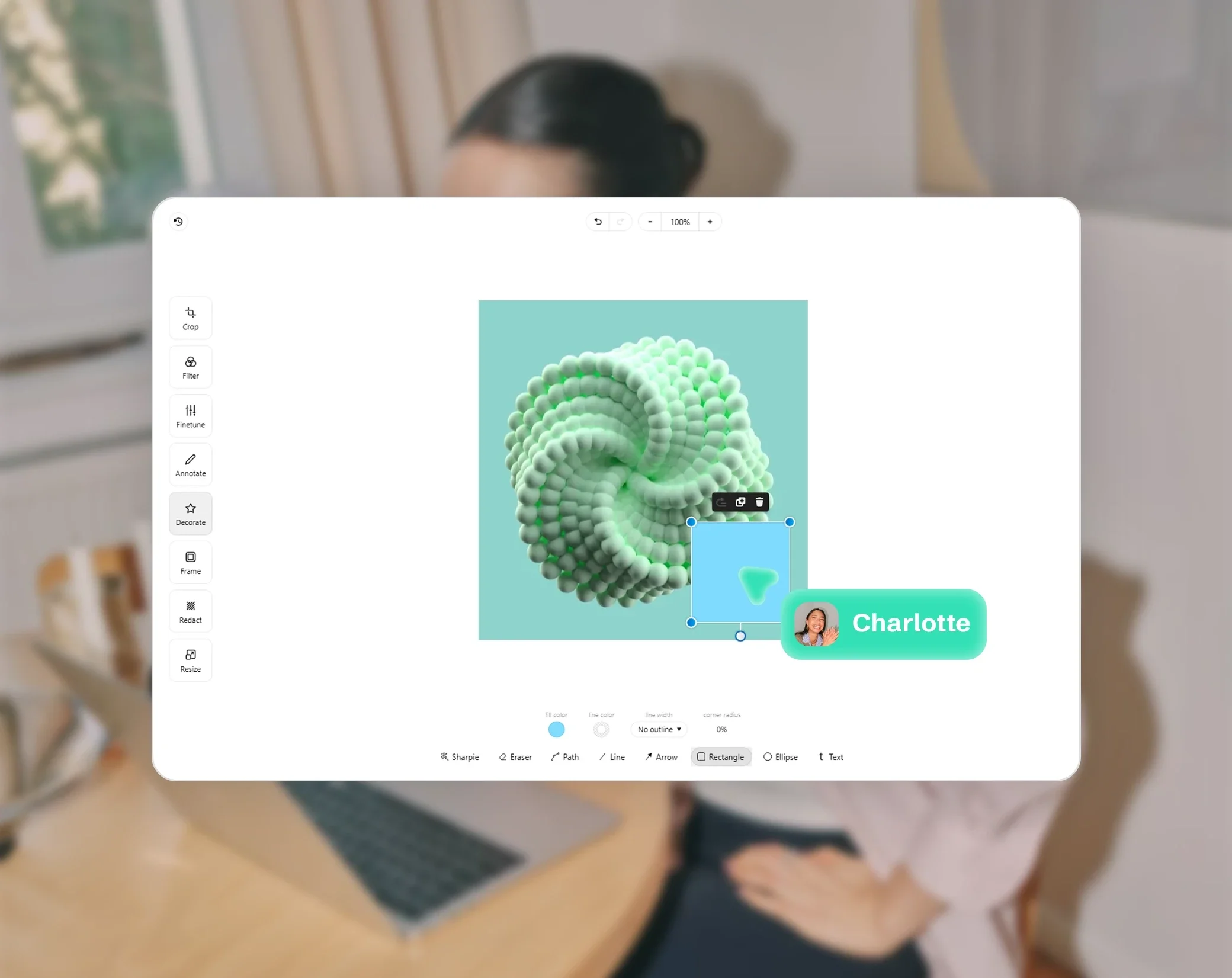 Drime の画像エディタ。画像上で図形が選択され、共同作業者のカーソルが表示されている