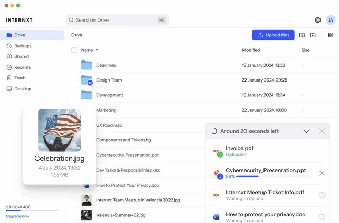 Internxt Drive web app with a file list, a photo preview and an upload progress panel