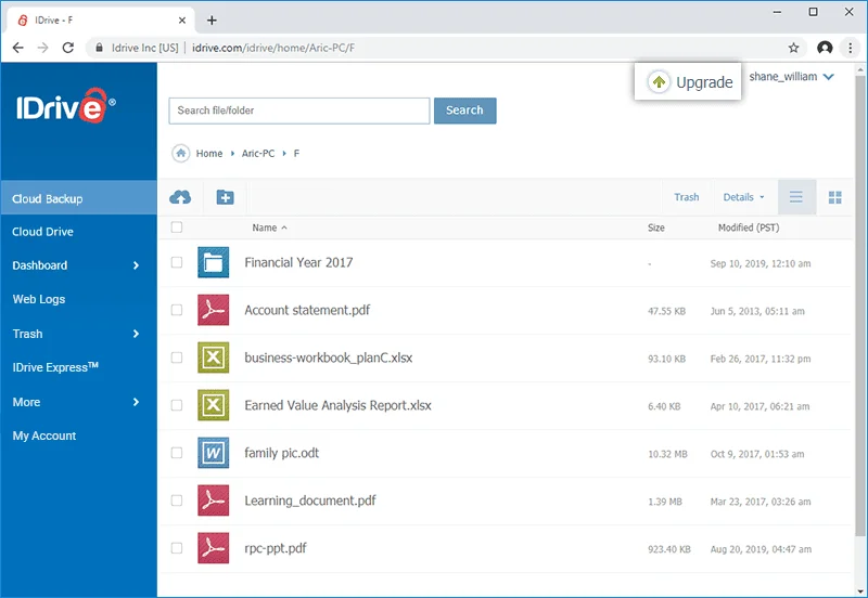 Application web IDrive listant des fichiers et des dossiers dans Cloud Backup
