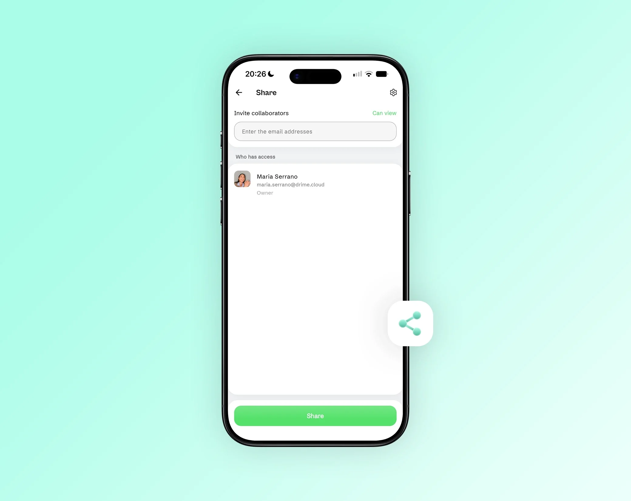 Teilen-Bildschirm der mobilen Drime-App mit einem Feld für E-Mail-Einladungen und der Liste der Personen mit Zugriff