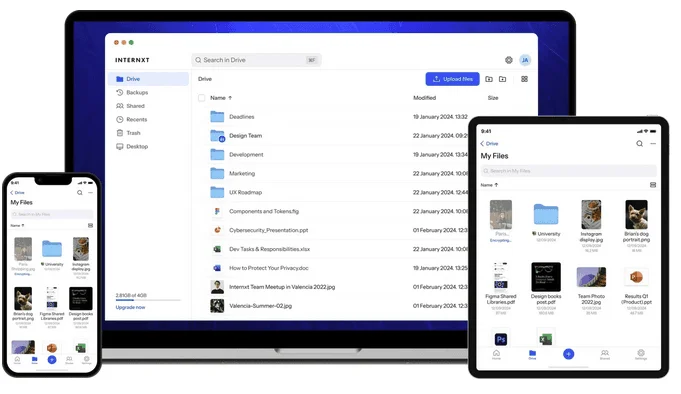Internxt Drive on a laptop, tablet and phone, showing folders and files