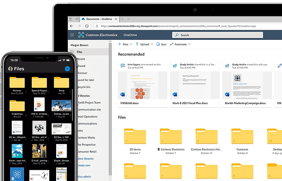 OneDrive sur un ordinateur portable et un téléphone, avec des documents recommandés et des dossiers