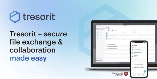 Bannière Tresorit : « secure file exchange & collaboration made easy », avec l'application sur ordinateur et téléphone