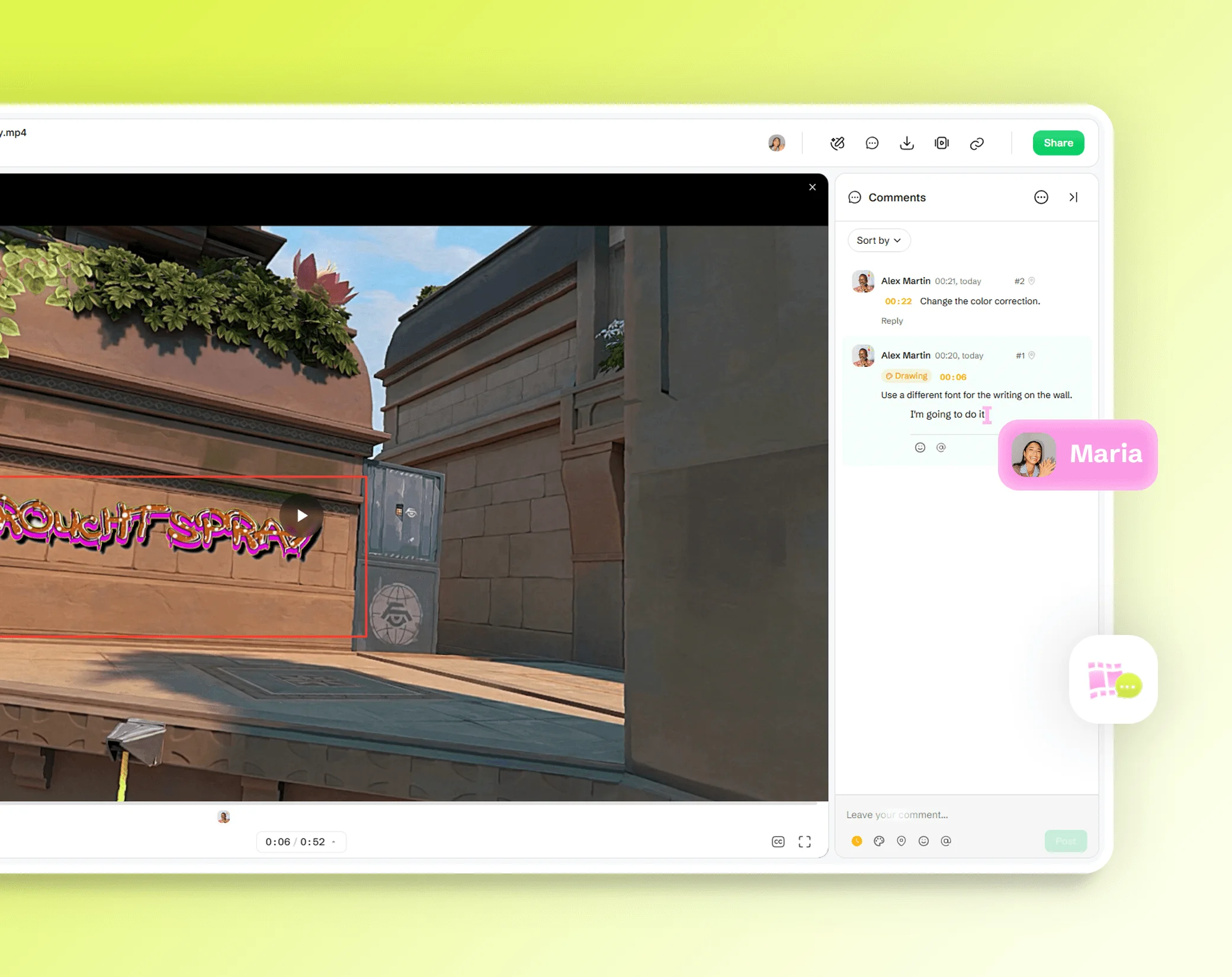 In Drime geöffnetes Video mit zeitgestempelten Kommentaren in der Seitenleiste und dem Cursor einer Mitarbeiterin