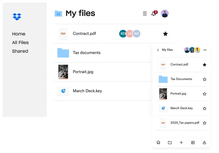 Dossier My files de Dropbox sur ordinateur et mobile, avec un PDF, un dossier, une photo et une présentation