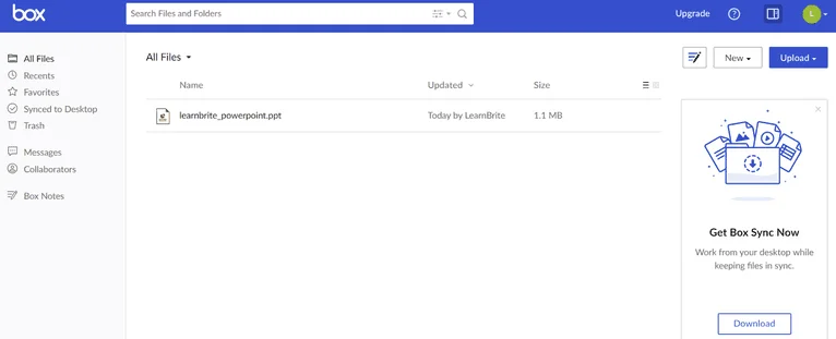 Application web Box : vue All Files avec un fichier PowerPoint et un encart Get Box Sync Now