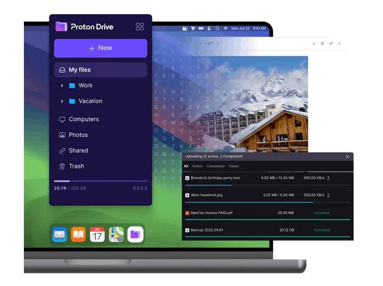 Proton Drive app on a Mac, with its folder sidebar, an open photo and an upload progress panel