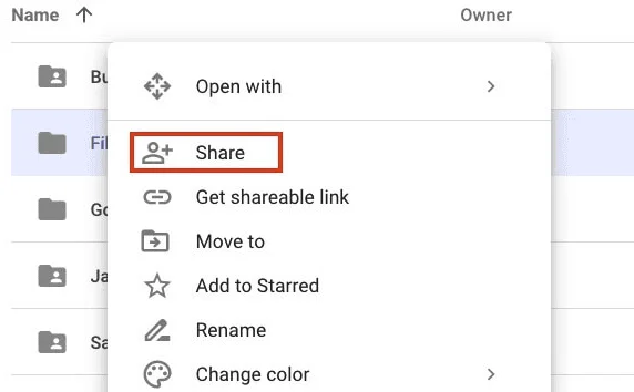 Google Drive right-click menu on a folder with the Share option outlined in red