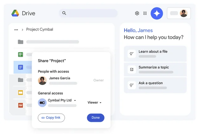 Fenêtre de partage Google Drive d'un projet avec personnes ayant accès et accès général, à côté d'un panneau Gemini