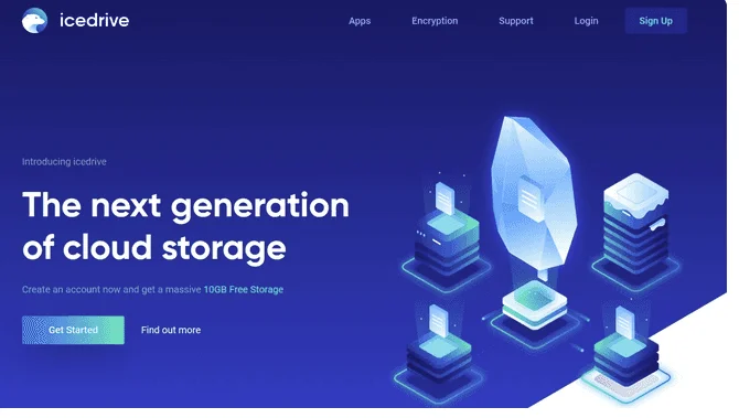 Icedrive homepage "The next generation of cloud storage" offering 10GB of free storage at sign-up
