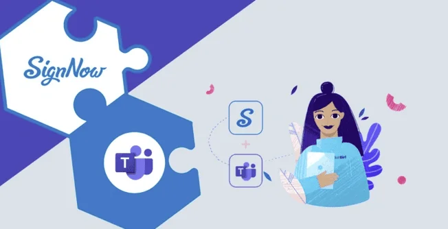 Logos SignNow et Microsoft Teams en pièces de puzzle reliées, à côté d'une femme illustrée tenant une tablette