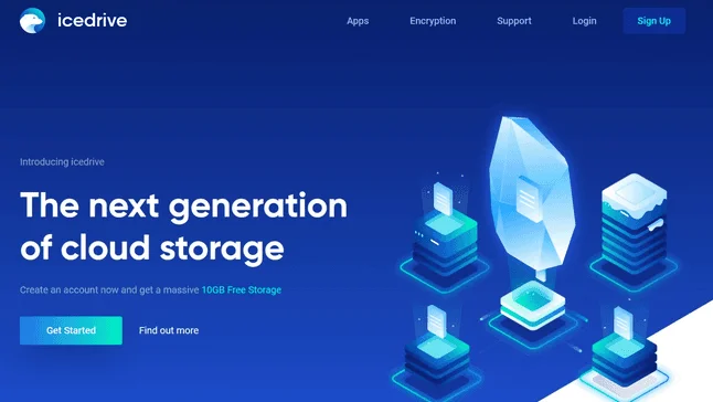 Page d'accueil Icedrive : « The next generation of cloud storage », avec une offre de 10 Go de stockage gratuit