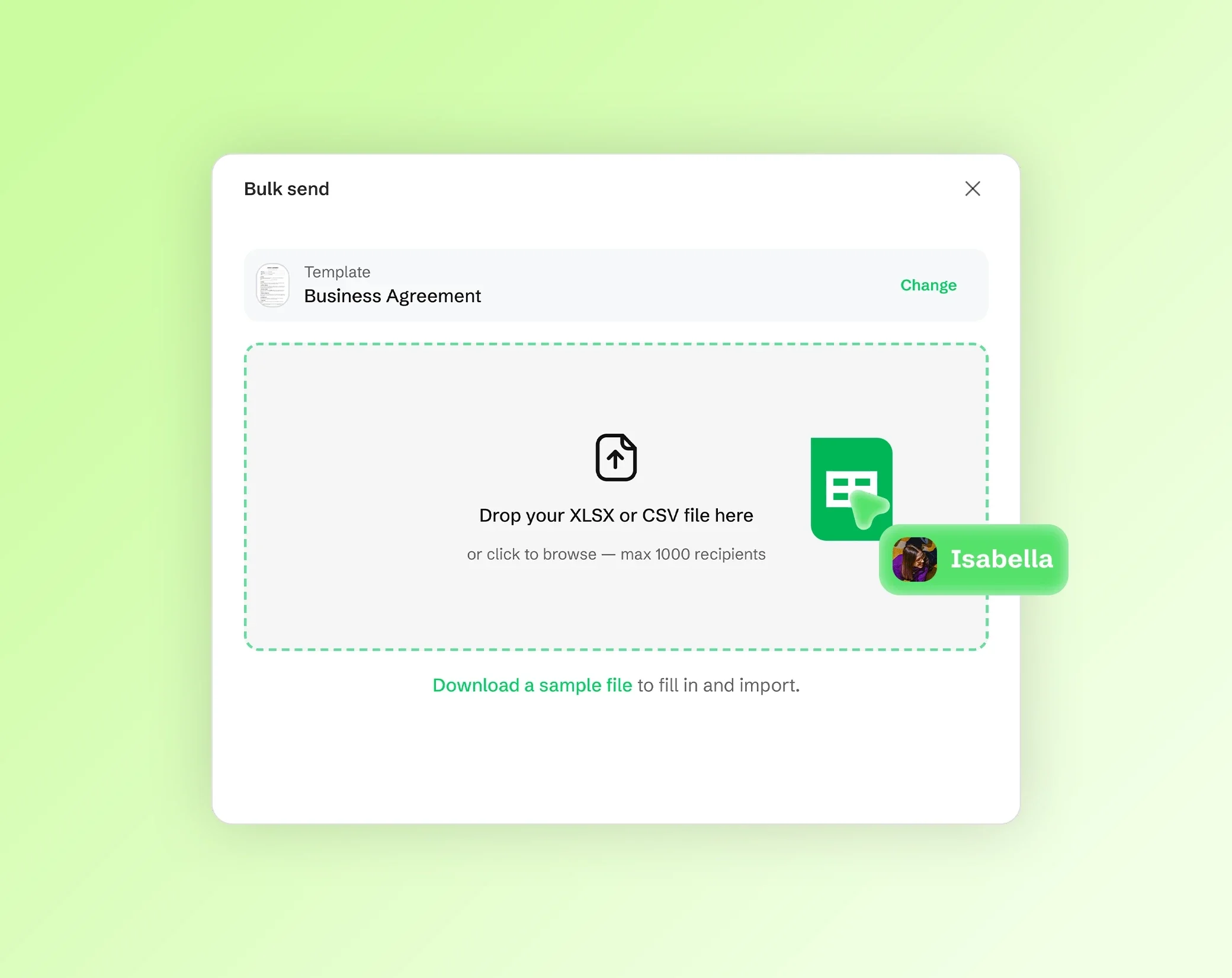 Dialog für den Massenversand mit der Vorlage Business Agreement und einer Empfängerliste als CSV oder XLSX