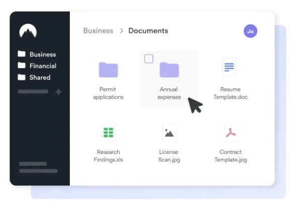 NordLocker file browser open on Business > Documents, with folders and files